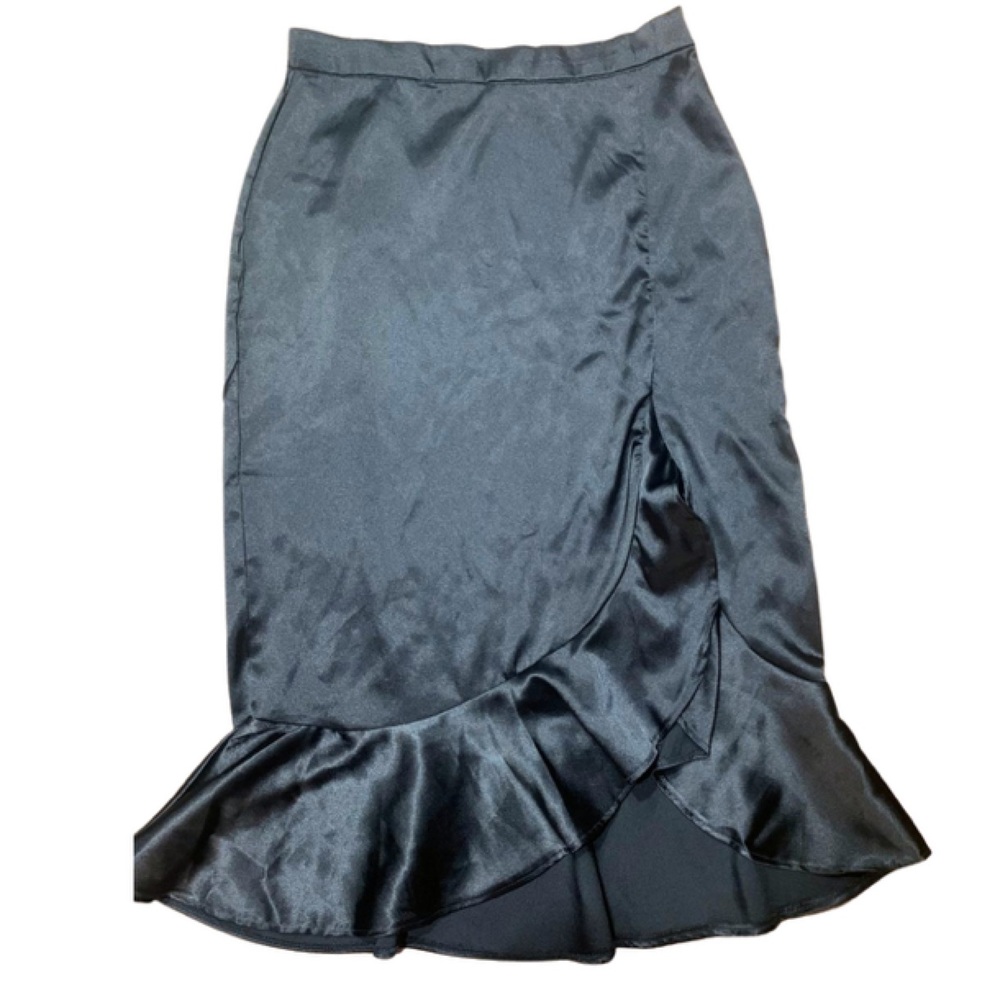 Hot Kiss Black Satin Midi Skirt with Ruffle Hem